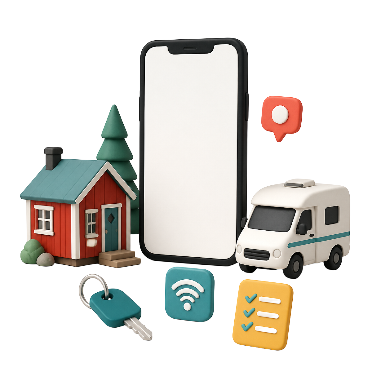 En mobil omgiven av en stuga, en husbil, en nyckel och praktisk information